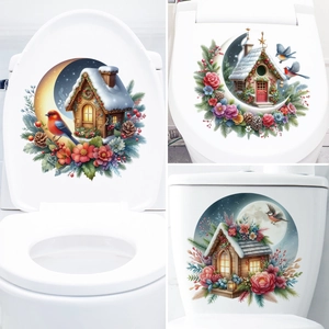 Christmas Toilet Lid Sticker Removable PVC Waterproof Winter Snow Cabin Moon Birds Floral Decal Bathroom Decor