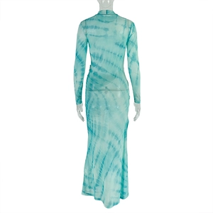 Detail view of the back of a cyan tie-dye sheer mesh maxi dress with long sleeves