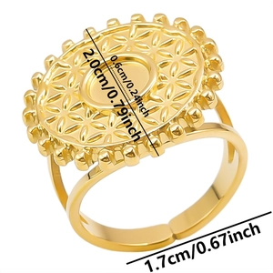 Macro detail of gold-tone geometric ring showing size 2.0cm length and 1.7cm inner diameter