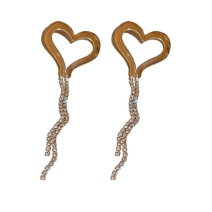 Gold plated hollow heart tassel drop earrings with sparkling rhinestones for women