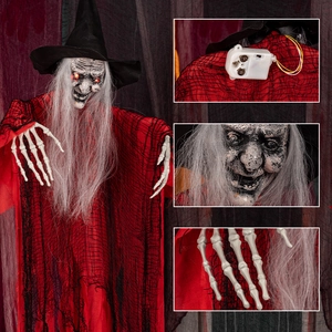Scary Halloween hanging witch with glowing red eyes, red robe, and skull hands