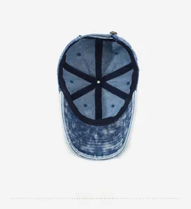 Internal view of the six-panel washed denim baseball cap with reinforced inner seams