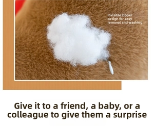 Detail of Capybara plush toy showing hidden zipper for easy cleaning and soft fabric