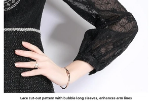 Détails des manches bouffantes en dentelle et des perles sur une robe en tweed