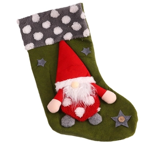 Large green Christmas stocking with 3D gnome doll and plush cuff for tree decoration