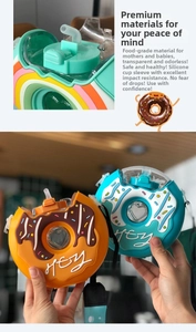Detail of food-grade silicone doughnut water bottle with impact-resistant straw and strap