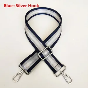 Detail of 3.8cm striped nylon bag strap with silver metal swivel hooks and adjuster