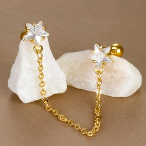 Golden double piercing chain earrings with star shaped zircon stones and stainless steel finish