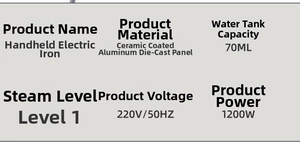 Technical specifications of the 1200W hand steamer with a 70ml ceramic coated soleplate