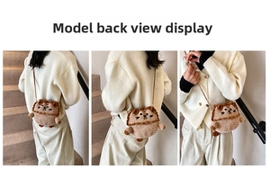 Three-angle view of a handmade crochet bear crossbody bag for women in beige and brown