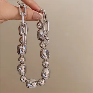 French irregular silver bead necklace with minimalist chain for women stylish neck jewelry