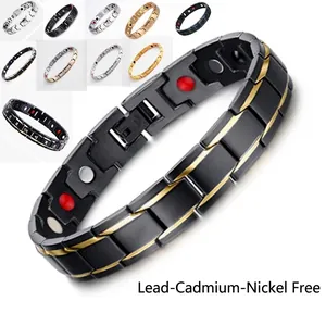 Lead and nickel free magnetic therapy stainless steel bracelet for couples in black and gold
