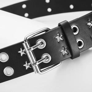 Punk black PU belt with double-prong buckle, metal eyelets and silver star rivets