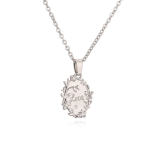 Silver love oval pendant necklace with floral border and sparkling cubic zirconia stones
