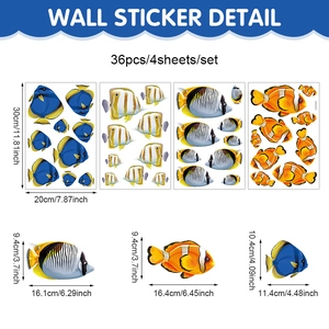 36-piece tropical fish PVC wall stickers set featuring colorful clownfish and tang fish
