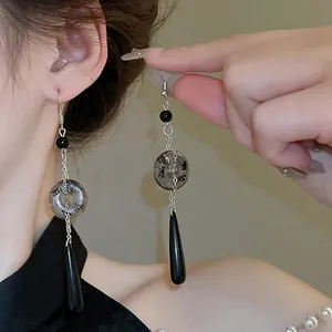 New Chinese style ink fan earrings with long black water drop pendants for women