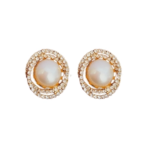 Elegant gold-plated round pearl earrings with double-layered sparkling rhinestones