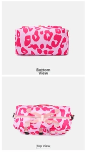 Detailed views showing the top and bottom of the pink leopard print sports duffel bag