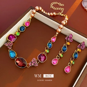 Vintage French Colorful Rhinestone Flower Waterdrop Necklace And Earrings With Imitation Artificial Pearl And Silver Earring Post