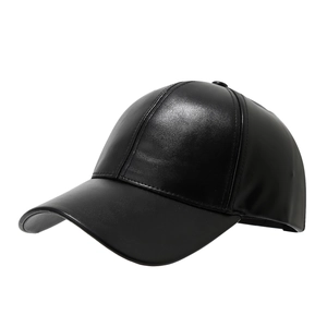 Classic black faux leather baseball cap with a textured six-panel design for men and women