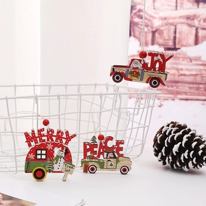 Three-piece set of painted wooden Christmas car ornaments with Santa and pine tree motifs