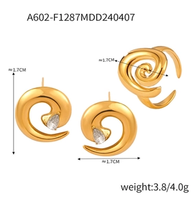 Detail of twisted spiral jewelry set with teardrop zirconia stones and size dimensions