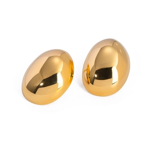 Polished 18k gold plated stainless steel oval hoop earrings with mirror finish on white background