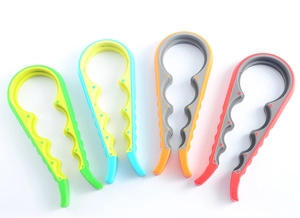 Macro view of four-in-one non-slip jar openers in various vibrant color combinations