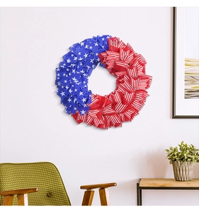Detail of USA Independence Day wreath with patriotic red, white and blue mesh ribbon