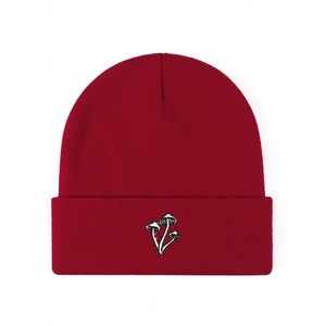 Unisex burgundy knit beanie featuring minimalist triple mushroom embroidery details