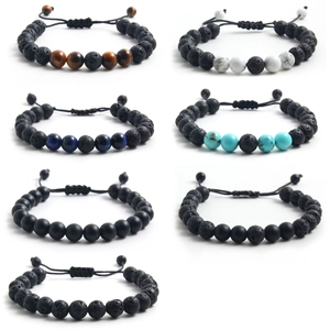 Adjustable braided rope bracelets for men featuring tiger eye and lava stone beads