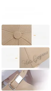 Dettaglio cappellino kaki con ricamo Hello Gorgeous in paillettes e fibbia in metallo