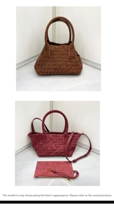 Detail of woven leather tote set with matte finish and matching zipper pouch and strap