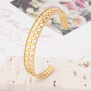Elegant gold stainless steel olive leaf cuff bracelet with open C-shape design for women