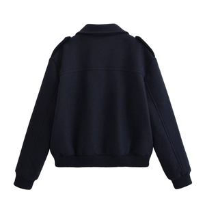 Women's autumn lapel jacket with zipper closure and strap details in navy, back view