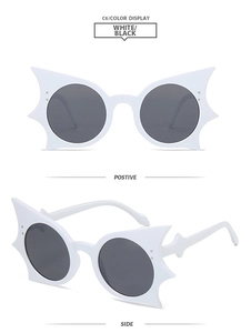 Detailed front and side views of white butterfly wing sunglasses with dark grey lenses