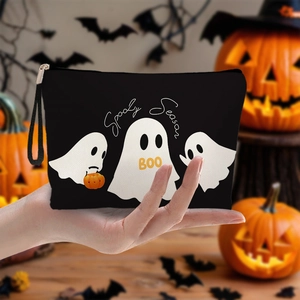 Trousse à maquillage noire Spooky Season en toile avec fantômes pour Halloween