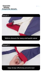 Close-up of dog leg gaiters featuring white velcro closure and red ribbed cuffs