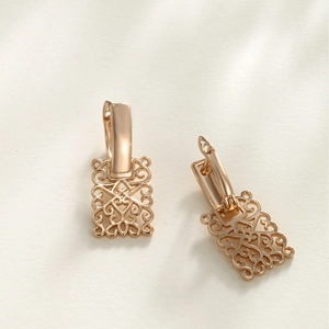 Elegant rose gold hollow rectangular pattern earrings with artificial gemstones