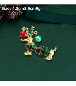 Dachshund Christmas brooch with antlers, red and green enamel, size 4.3cm x 3.5cm