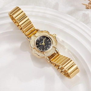 Montre Femme Quartz Boîtier Alliage Forme Fleur Bracelet Élastique Acier Inoxydable Vintage Élégante Mode Ton Or