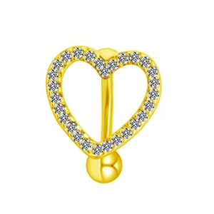 Detailed view of heart-shaped gold belly ring with clear circular gemstone setting