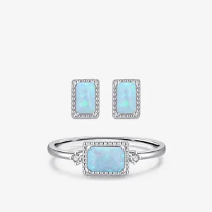 Bague Et Boucles D Oreilles En Argent Sterling 925 Opale Bleue Rectangulaire Bijoux De Mode Élégants Pour Femmes Style Chic
