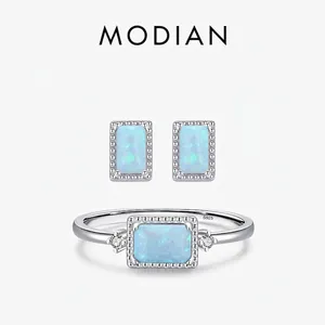 925 Sterling Silver Ring And Stud Earrings Rectangle Blue Opal Elegant Fashion Jewelry For Women Chic Style Minimalist