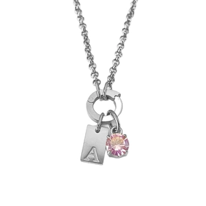 Silver titanium steel necklace with engraved letter A tag and pink gemstone pendant