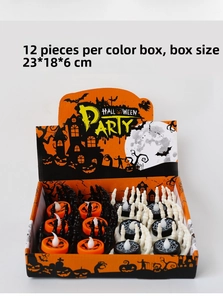 Bulk set of 12 LED Halloween candles featuring pumpkin and skull base in a display box