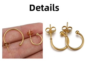 Macro detail of 18k gold plated stainless steel C-hoop earrings with ball studs