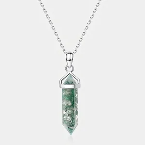 Natural Moss Agate Pendant Necklace 925 Sterling Silver Hexagonal Prism Pillar Crystal Stone Jewelry Elegant For Women