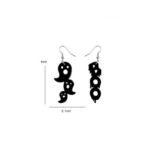 Detail view of asymmetric black Halloween earrings with ghost and BOO text, 4cm in length