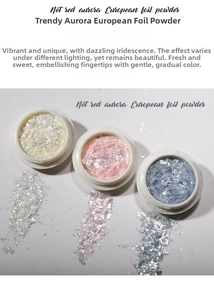 Detailed view of aurora opal nail powder flakes with polarized iridescent refraction effect